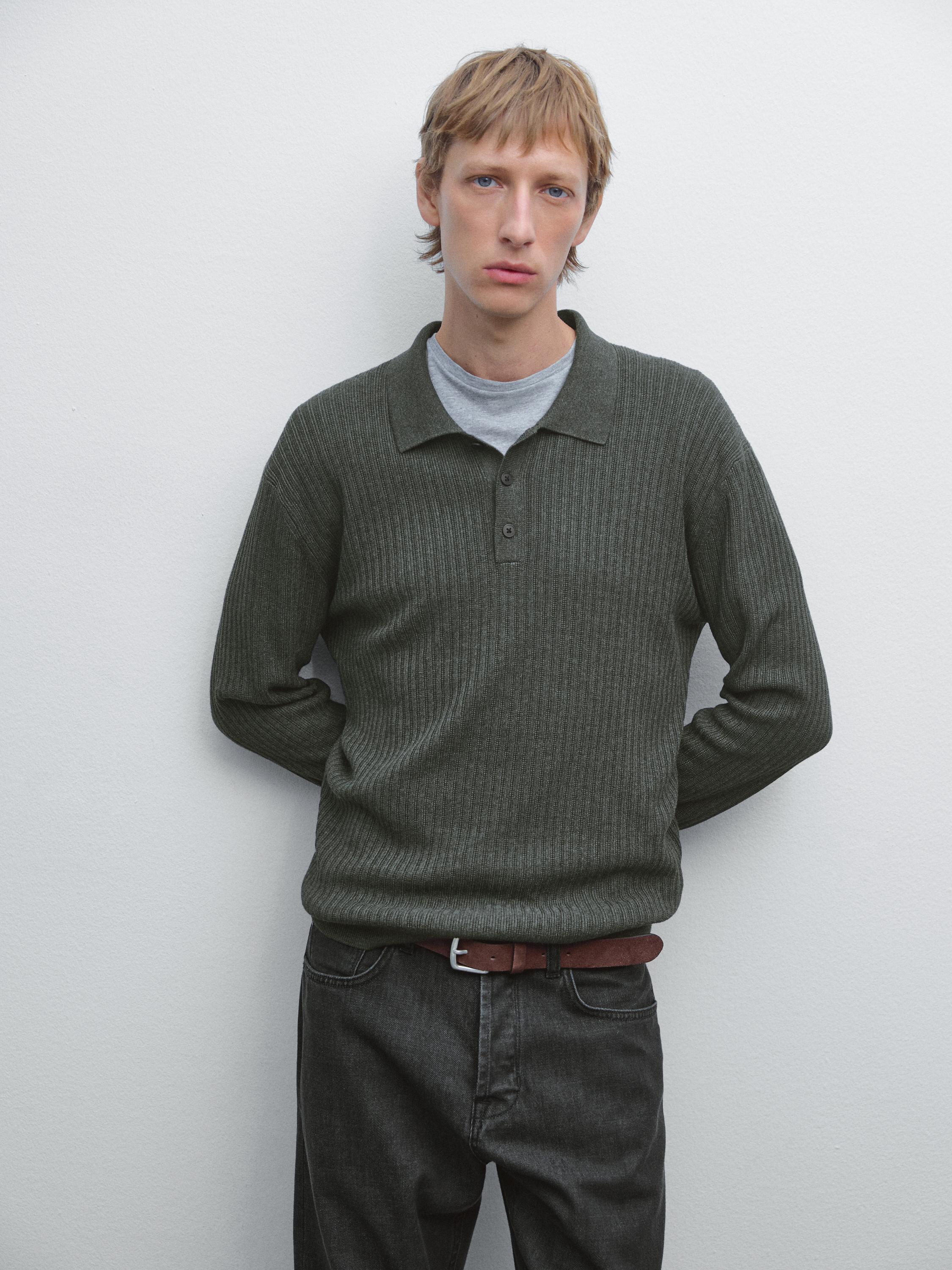 Cotton blend knit polo sweater